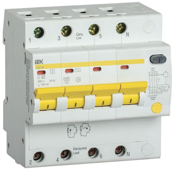 IEK KARAT Дифференциальный автомат АД14S 4P 32А 100мА тип AC IEK, MAD13-4-032-C-100