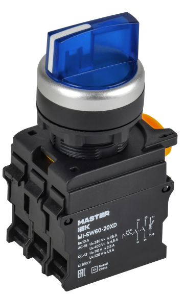 IEK Переключатель с подсветкой на 3 положения 2NO синий MASTER IEK, MI-SW60-20XD-4-14-3-K07