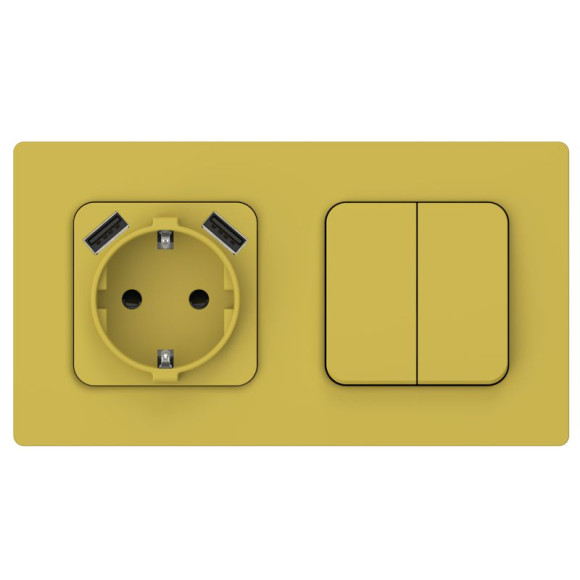 IEK FLITE Розетка 1-местная с заземлением с защитными шторками 16А с USB A+A 3,1А РСЮша11-0-ФлЖК желтый карри IEK, FI-R14-16-U21-D31-K44