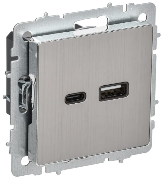 IEK BRITE Розетка USB A+C 18Вт РЮ11-1-БрГН металл хром/никель IEK, BR-U22-018-M-K23