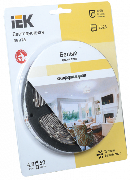 IEK Лента LED 5м блистер LSR-3528WW60-4.8-IP20-12V теплый белый цвет IEK-eco, LSR1-1-060-20-1-05