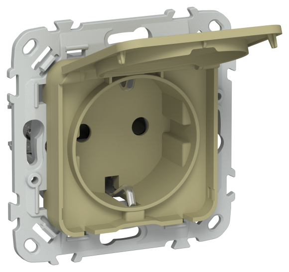 IEK FLITE Розетка с заземлением с защитными шторками и крышкой 16А IP44 РСшкр11-0-44-ФлО оливковый IEK, FI-R16-16-44-K26