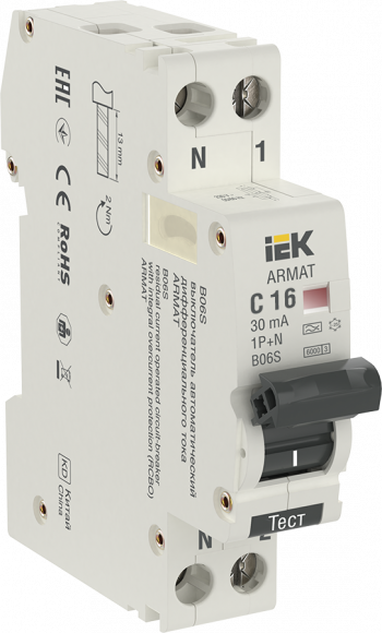 IEK ARMAT Автоматический выключатель дифференциального тока B06S 1P+NP C16 30мА тип A (18мм) IEK, AR-B06S-1N-C16A030