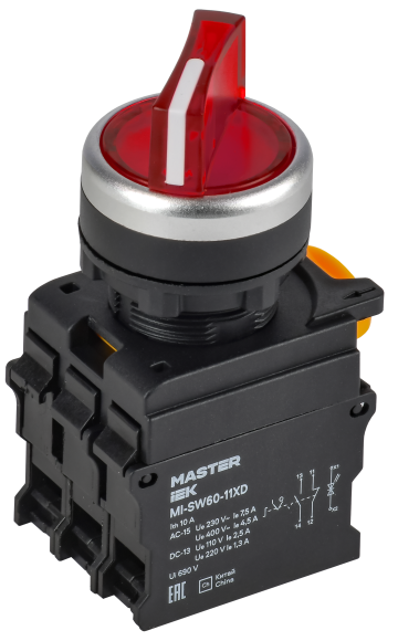 IEK Переключатель с подсветкой на 2 положения 1NO+1NC красный MASTER IEK, MI-SW60-11XD-3-14-2-K04 IEK Переключатель с подсветкой на 2 положения 1NO+1NC красный MASTER IEK, MI-SW60-11XD-3-14-2-K04