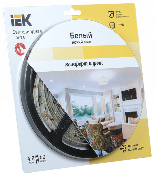 IEK Лента LED 5м блистер LSR-3528WW60-4.8-IP65-12V теплый белый цвет IEK-eco, LSR1-1-060-65-1-05