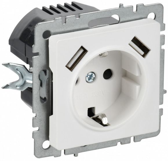 IEK BRITE Розетка 1-местная с заземлением с защитными шторками 16А с USB A+A 5В 3,1А РЮш10-2-БрАБ арктический белый , BR-R14-16-U21-D31-K91