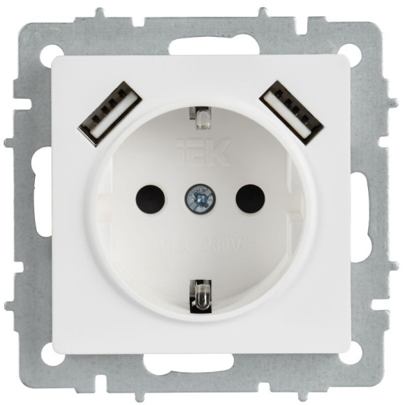 IEK BRITE Розетка 1-местная с заземлением с защитными шторками 16А с USB A+A 5В 3,1А РЮш10-2-БрАБ арктический белый IEK, BR-R14-16-U21-D31-K91