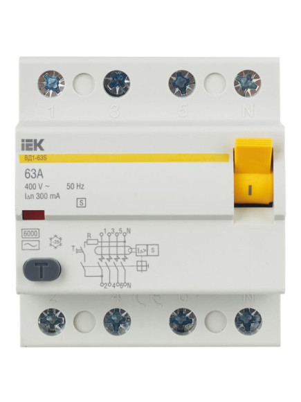 IEK Выключатель дифференциальный (УЗО) ВД1-63S 4Р 63А 300мА IEK, MDV12-4-063-300