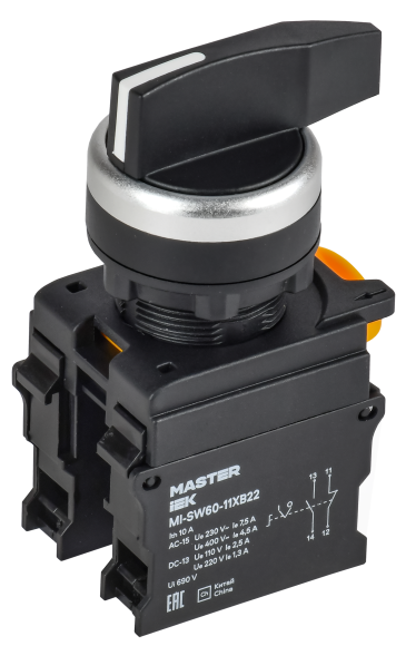 IEK Переключатель длинная ручка на 2 положения возвратный 1NO+1NC MASTER IEK, MI-SW60-11XB22-3-25-2-K02