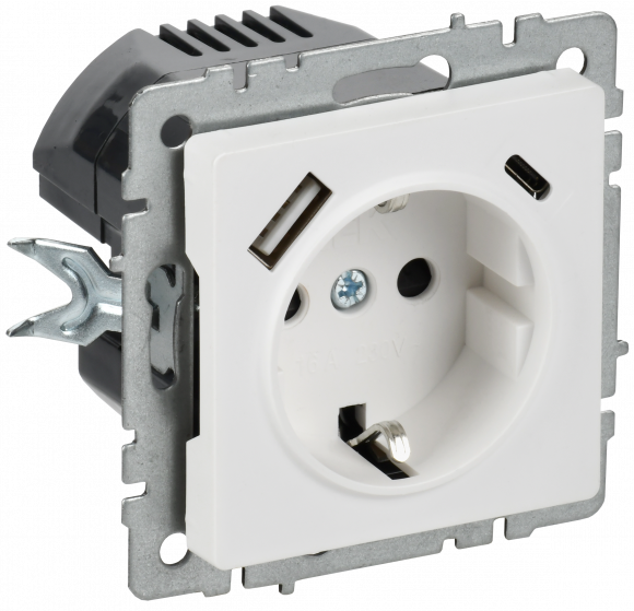 IEK BRITE Розетка 1-местная с заземлением с защитными шторками 16А с USB A+C 18Вт РЮш11-1-БрАБ арктический белый , BR-R14-16-U22-018-K91