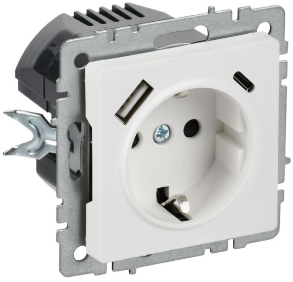IEK BRITE Розетка 1-местная с заземлением с защитными шторками 16А с USB A+C 18Вт РЮш11-1-БрАБ арктический белый IEK, BR-R14-16-U22-018-K91