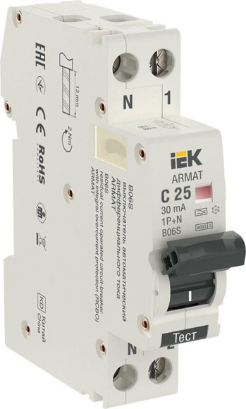 IEK ARMAT Автоматический выключатель дифференциального тока B06S 1P+NP C25 30мА тип A (18мм) IEK, AR-B06S-1N-C25A030 IEK ARMAT Автоматический выключатель дифференциального тока B06S 1P+NP C25 30мА тип A (18мм) IEK, AR-B06S-1N-C25A030