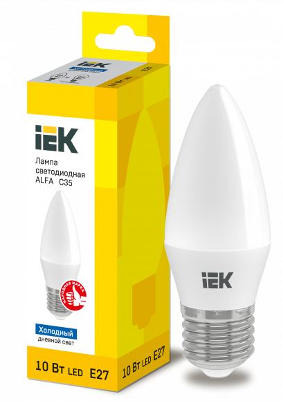 IEK Лампа светодиодная ALFA C35 свеча 10Вт 230В 6500К E27 IEK, LLA-C35-10-230-65-E27