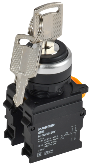 IEK Переключатель с ключом на 3 положения 2NO чёрный MASTER IEK, MI-SW60-20Y-3-34-3-K02