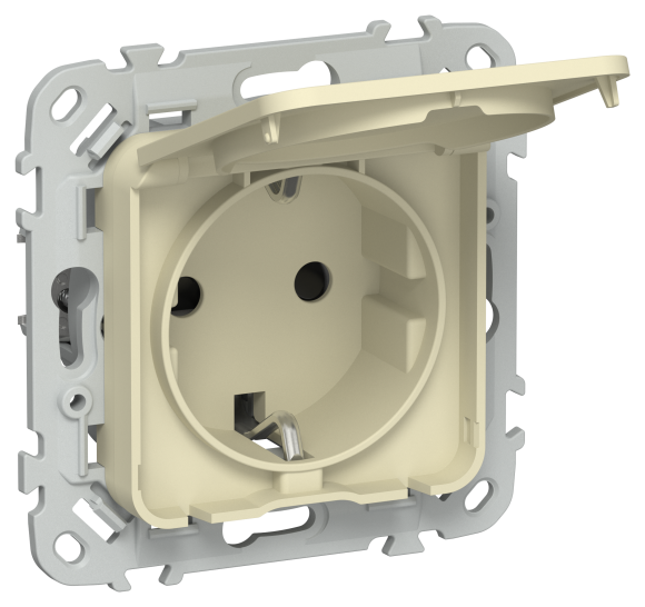 IEK FLITE Розетка с заземлением с защитными шторками и крышкой безвинтовое крепление 16А IP44 РСшкр11-1-44-ФлН навахо IEK, FI-R16-16-1-44-K87