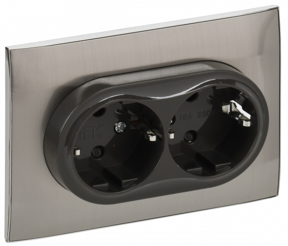 IEK SKANDY Розетка 2-местная с заземлением с защитными шторками 16А в сборе SK-R07N металл никель , SK-R24-16-K50-F
