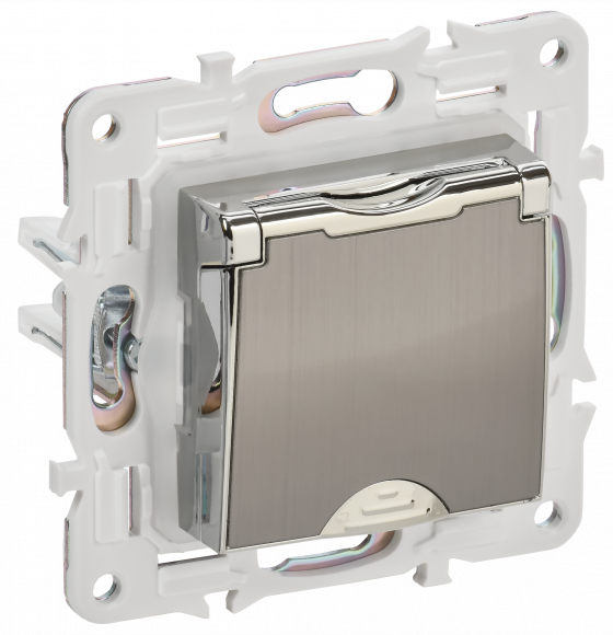 IEK SKANDY Розетка 1-местная с заземлением с защитными шторками и крышкой 16А IP44 SK-R11N металл никель , SK-R16-16-44-K50