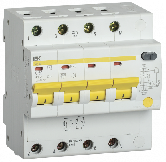 IEK KARAT Дифференциальный автомат АД14S 4P 50А 300мА тип AC IEK, MAD13-4-050-C-300