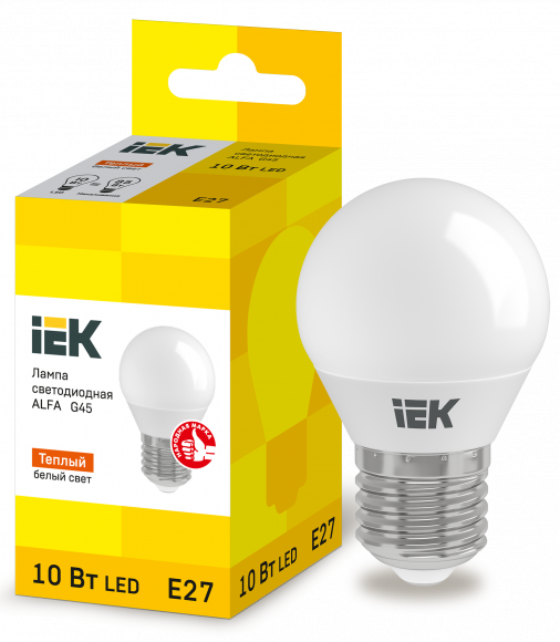 IEK Лампа светодиодная ALFA G45 шар 10Вт 230В 3000К E27 IEK, LLA-G45-10-230-30-E27