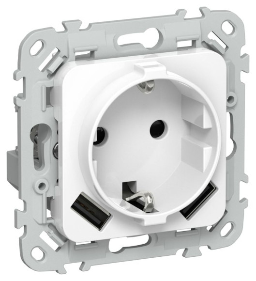 IEK FLITE Розетка 1-местная с заземлением с защитными шторками 16А с USB A+A 3,1А РСЮша11-0-ФлБ белый IEK, FI-R14-16-U21-D31-K01