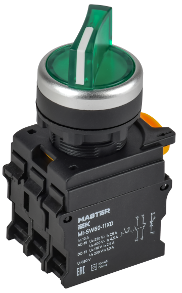IEK Переключатель с подсвесткой на 2 положения 1NO+1NC зелёный MASTER IEK, MI-SW60-11XD-3-14-2-K06