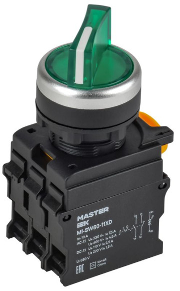 IEK Переключатель с подсвесткой на 2 положения 1NO+1NC зелёный MASTER IEK, MI-SW60-11XD-3-14-2-K06