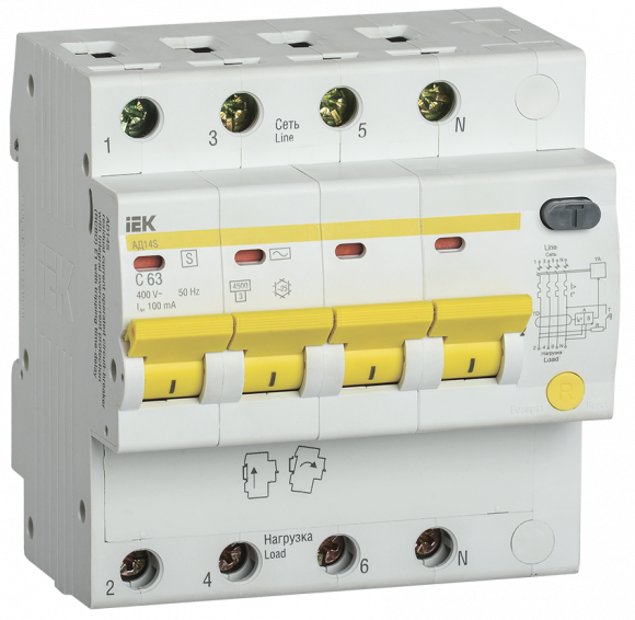 IEK KARAT Дифференциальный автомат АД14S 4P 63А 100мА тип AC IEK, MAD13-4-063-C-100