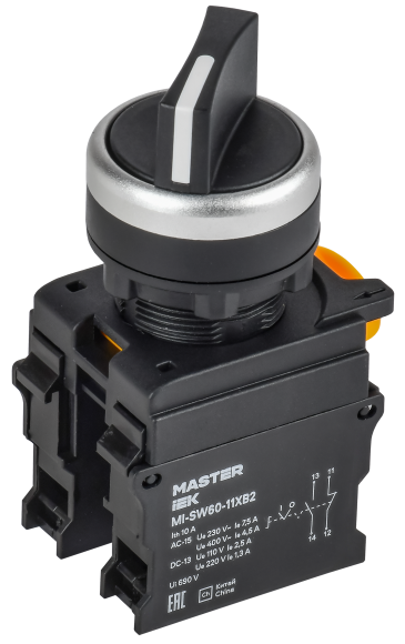 IEK Переключатель длинная ручка на 2 положения 1NO+1NC чёрный MASTER IEK, MI-SW60-11XB2-3-25-2-K02