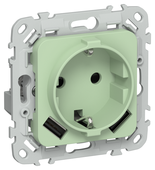 IEK FLITE Розетка 1-местная с заземлением с защитными шторками 16А с USB A+A 3,1А безвинтовое крепление РСЮша11-1-ФлФ фисташковый IEK, FI-R14-16-1-U21-D31-K93