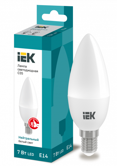 IEK Лампа светодиодная C35 свеча 7Вт 230В 4000К E14 IEK, LLE-C35-7-230-40-E14