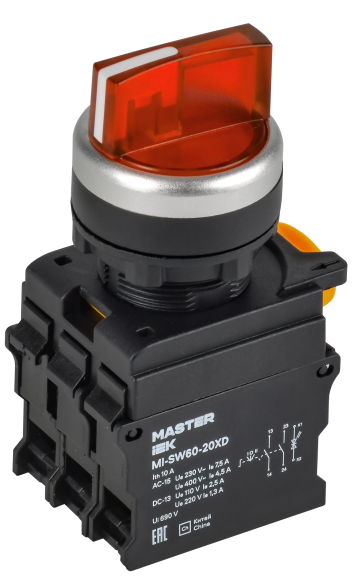 IEK Переключатель с подсветкой на 3 положения 2NO красный MASTER IEK, MI-SW60-20XD-4-14-3-K04