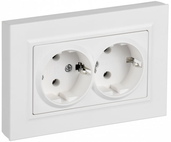 IEK BRITE Розетка 2-местная с заземлением без защитных шторок плоская 16А в сборе РСПл12-3-БрАБ арктический белый , BR-R27-16-K91-F