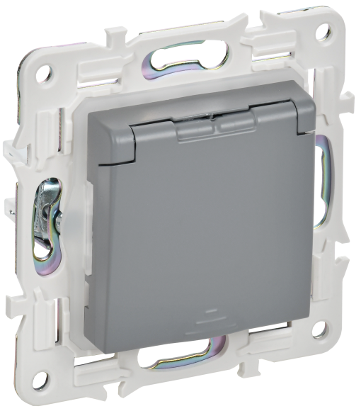 IEK SKANDY Розетка 1-местная с заземлением с защитными шторками и крышкой 16А IP44 SK-R11Gr серый , SK-R16-16-44-K03