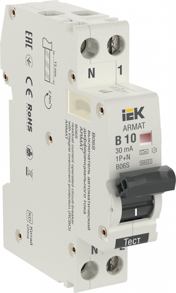 IEK ARMAT Автоматический выключатель дифференциального тока B06S 1P+NP B10 30мА тип A (18мм) IEK, AR-B06S-1N-B10A030