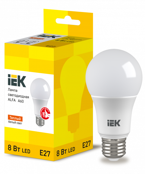 IEK Лампа светодиодная ALFA A60 груша 8Вт 230В 3000К E27 (6шт) IEK, LLA-A60-8-230-30-E27-6