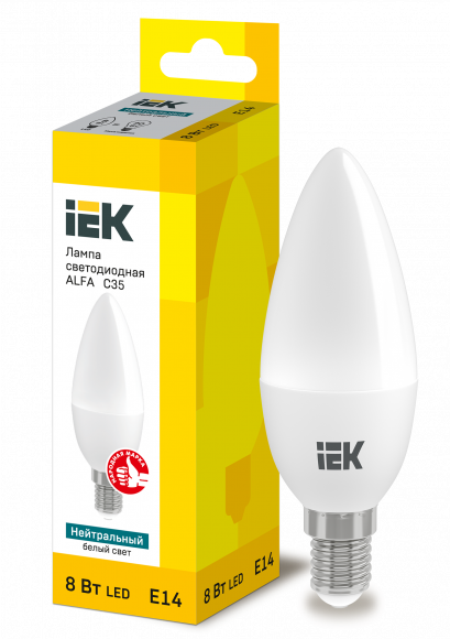 IEK Лампа светодиодная ALFA C35 свеча 8Вт 230В 4000К E14 (6шт) IEK, LLA-C35-8-230-40-E14-6