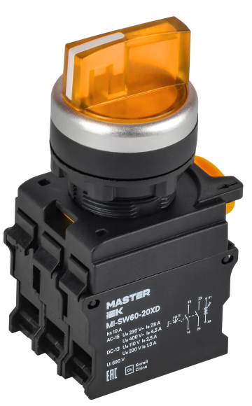 IEK Переключатель с подсветкой на 3 положения 2NO жёлтый MASTER IEK, MI-SW60-20XD-4-14-3-K05