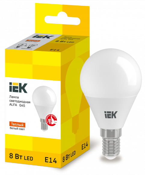 IEK Лампа светодиодная ALFA G45 шар 8Вт 230В 3000К E14 (6шт) IEK, LLA-G45-8-230-30-E14-6