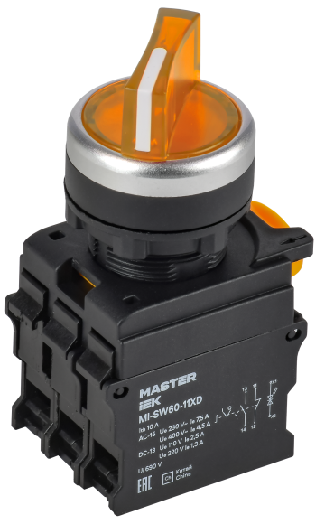 IEK Переключатель с подсветкой на 2 положения 1NO+1NC жёлтый MASTER IEK, MI-SW60-11XD-3-14-2-K05