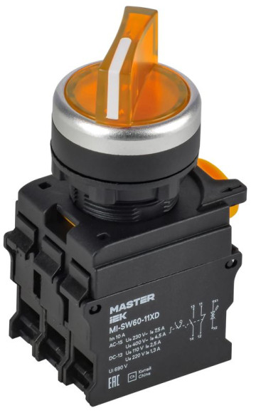 IEK Переключатель с подсветкой на 2 положения 1NO+1NC жёлтый MASTER IEK, MI-SW60-11XD-3-14-2-K05