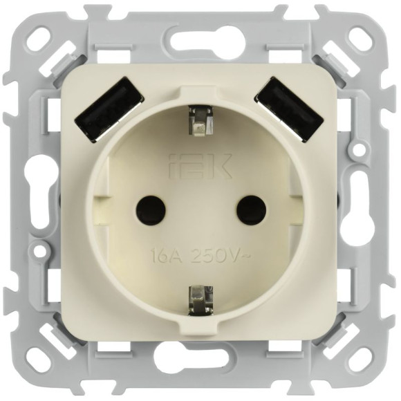 IEK FLITE Розетка 1-местная с заземлением с защитными шторками 16А с USB A+A 3,1А безвинтовое крепление РСЮша11-1-ФлСл сливочный IEK, FI-R14-16-1-U21-D31-K86