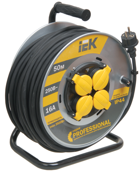 IEK PROFESSIONAL Катушка УК50 4 места IP44 с заземлением с термозащитой КГ 3х1,5мм2 на металлическом барабане 50м IEK