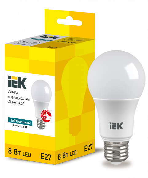 IEK Лампа светодиодная ALFA A60 груша 8Вт 230В 4000К E27 (6шт) IEK, LLA-A60-8-230-40-E27-6