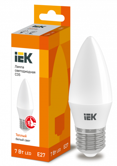 IEK Лампа светодиодная C35 свеча 7Вт 230В 3000К E27 IEK, LLE-C35-7-230-30-E27