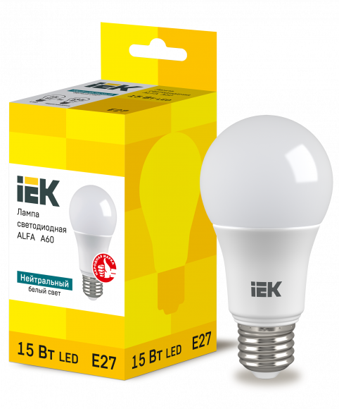 IEK Лампа светодиодная ALFA A60 груша 15Вт 230В 4000К E27 (6шт) IEK, LLA-A60-15-230-40-E27-6
