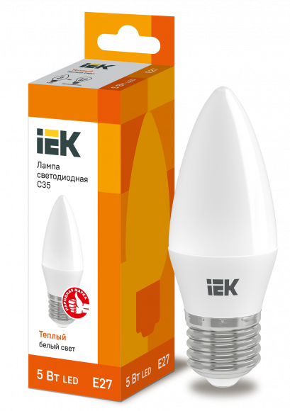 IEK Лампа светодиодная C35 свеча 5Вт 230В 3000К E27 IEK, LLE-C35-5-230-30-E27