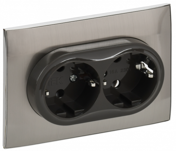 IEK SKANDY Розетка 2-местная с заземлением без защитных шторок 16А в сборе SK-R08N металл никель , SK-R21-16-K50-F