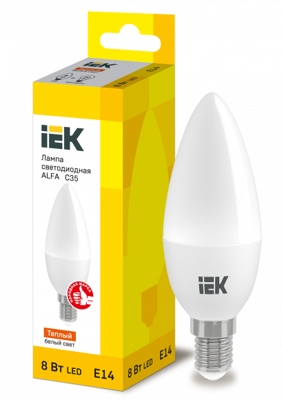 IEK Лампа светодиодная ALFA C35 свеча 8Вт 230В 3000К E14 (6шт) IEK, LLA-C35-8-230-30-E14-6