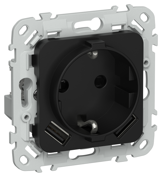 IEK FLITE Розетка 1-местная с заземлением с защитными шторками 16А с USB A+A 3,1А РСЮша11-0-ФлЧ черный IEK, FI-R14-16-U21-D31-K02