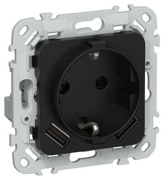 IEK FLITE Розетка 1-местная с заземлением с защитными шторками 16А с USB A+A 3,1А РСЮша11-0-ФлЧ черный IEK, FI-R14-16-U21-D31-K02